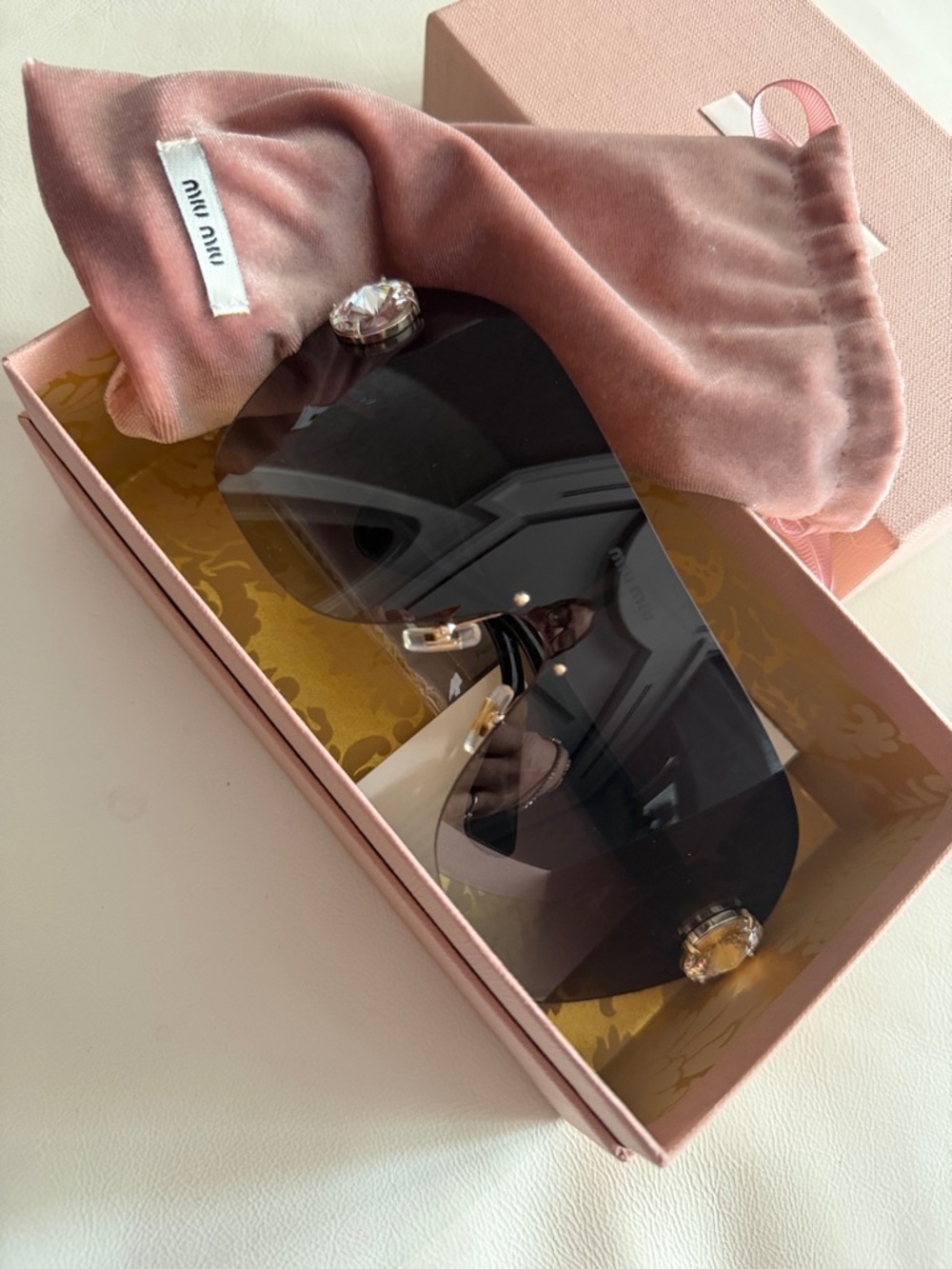 Miu Miu Black Shield Sunglasses with Pink Velvet Pouch